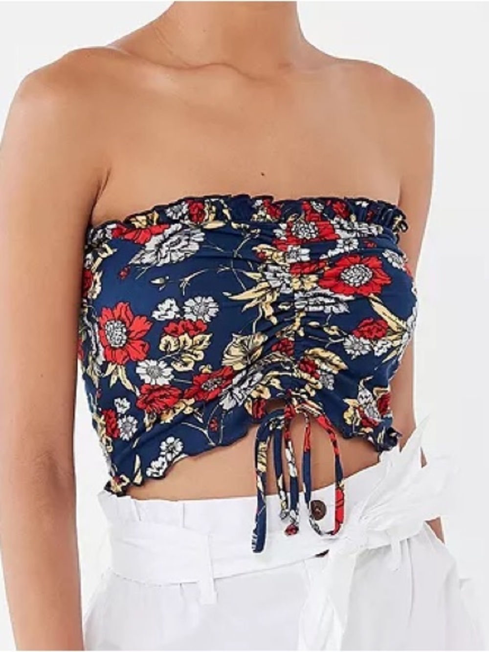 Urban Outfitters Navy Floral Strapless Ruched Crop Top